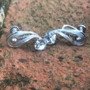 Vintage Dainty Clear Rhinestone and Silver Tone Curve Embellished Earrings